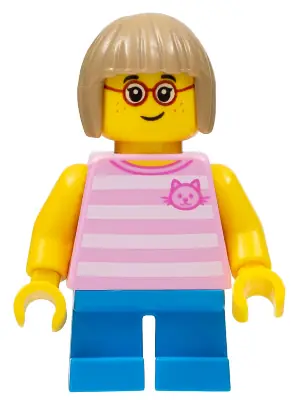 CTY0663:  Child - Girl, Bright Pink Striped Shirt with Cat Head, Dark Azure Short Legs, Dark Tan Bob Cut Hair, Glasses, Freckles