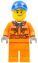 Minifigurka: CTY0674:  Tow Truck Driver - Male, Orange Safety Jacket, Reflective Stripe, Sand Blue Hoodie, Orange Legs, Blue Cap with Hole, Stubble
