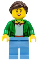 Minifigurka: CTY0675:  Customer - Green Female Jacket Open with Necklace, Medium Blue Legs, Dark Brown Ponytail and Swept Sideways Fringe