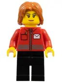 Minifigurka: CTY0676:  Post Office White Envelope and Stripe, Black Legs, Dark Orange Mid-Length Tousled Hair