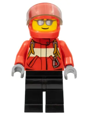 CTY0678:  City Pilot Male, Red Fire Suit with Carabiner, Black Legs, Red Helmet, Silver Sunglasses