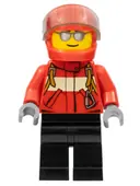 Minifigurka: CTY0678:  City Pilot Male, Red Fire Suit with Carabiner, Black Legs, Red Helmet, Silver Sunglasses