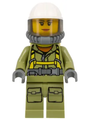 CTY0681:  Volcano Explorer - Female Worker, Suit with Harness, Construction Helmet, Breathing Neck Gear with Air Tanks, Trans-Brown Visor