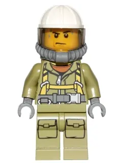 CTY0682:  Volcano Explorer - Male Worker, Suit with Harness, Construction Helmet, Breathing Neck Gear with Yellow Air Tanks, Trans-Brown Visor, Sweat Drops