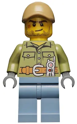 CTY0683:  Volcano Explorer - Male, Shirt with Belt and Radio, Dark Tan Cap with Hole, Crooked Smile and Scar