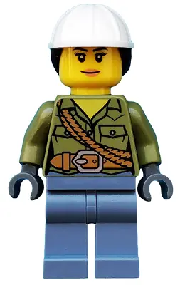 CTY0687:  Volcano Explorer - Female, Shirt with Belt and Shoulder Ropes, White Construction Helmet with Dark Brown Ponytail Hair