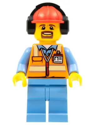 CTY0688:  Orange Safety Vest with Reflective Stripes, Medium Blue Legs, Red Construction Helmet with Black Ear Protectors / Headphones