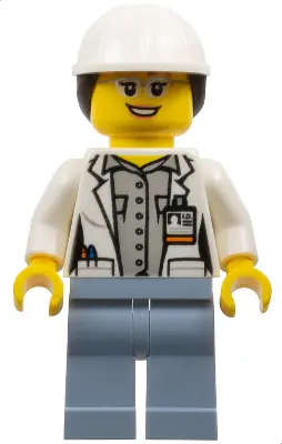 CTY0693:  Volcano Explorer - Female Scientist, White Construction Helmet with Dark Brown Ponytail Hair