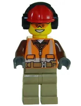 CTY0699:  Construction Worker - Male, Orange Safety Vest, Reflective Stripes, Reddish Brown Shirt, Dark Tan Legs, Red Construction Helmet with Black Ear Protectors / Headphones, Safety Glasses
