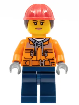 CTY0700:  Construction Worker - Female, Orange Safety Jacket, Reflective Stripe, Sand Blue Hoodie, Dark Blue Legs, Red Construction Helmet with Dark Brown Ponytail Hair, Nougat Lips