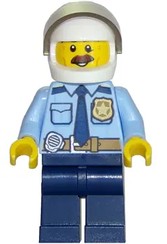 CTY0703:  Police - City Shirt with Dark Blue Tie and Gold Badge, Dark Tan Belt with Radio, Dark Blue Legs, White Helmet