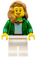 Minifigurka: CTY0706:  Airplane Passenger - Female, Green Jacket Open with Necklace, White Legs, Medium Nougat Hair over Shoulder, Open Mouth Smile with Teeth