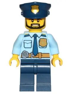 CTY0708:  Police - City Shirt with Dark Blue Tie and Gold Badge, Dark Tan Belt with Radio, Dark Blue Legs, Police Hat with Gold Badge, Head Beard Black Angular