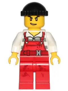 CTY0709:  Police - City Bandit Male with Red Overalls, Black Knit Cap, Lopsided Open Mouth Smile