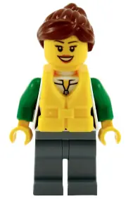CTY0713:  Angler - Female, White and Green Sweatshirt with Zipper, Sand Blue Legs, Reddish Brown Hair with Ponytail, Yellow Life Jacket with Center Buckle