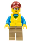 Minifigurka: CTY0714:  Angler Male, Dark Tan Legs, Dark Red Cap, Silver Sunglasses, Life Jacket Center Buckle