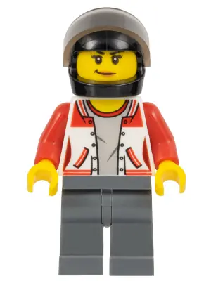 CTY0729:  ATV Driver - Female, Jacket with Number 8 on Back, Dark Bluish Gray Legs, Black Helmet