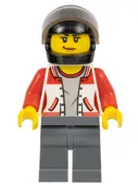Minifigurka: CTY0729:  ATV Driver - Female, Jacket with Number 8 on Back, Dark Bluish Gray Legs, Black Helmet