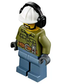 CTY0740:  Volcano Explorer - Male, Shirt with Belt and Radio, Black Angular Beard, White Construction Helmet with Black Ear Protectors / Headphones