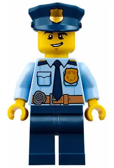 CTY0743:  Police - City Shirt with Dark Blue Tie and Gold Badge, Dark Tan Belt with Radio, Dark Blue Legs, Police Hat with Gold Badge, Lopsided Grin