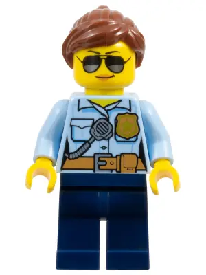 CTY0744:  Police - City Officer Female, Bright Light Blue Shirt with Badge and Radio, Dark Blue Legs, Reddish Brown Ponytail and Swept Sideways Fringe