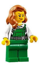 Minifigurka: CTY0745:  Police - City Bandit Female with Green Overalls, Dark Orange Female Hair over Shoulder, Nougat Lips Smirk