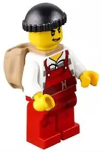 CTY0746:  Police - City Bandit Male with Red Overalls, Black Knit Cap, Backpack, Lopsided Open Mouth Smile