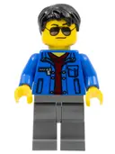 Minifigurka: CTY0747:  Blue Jacket over Dark Red V-Neck Sweater, Dark Bluish Gray Legs, Black Short Tousled Hair, Silver Sunglasses