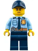 Minifigurka: CTY0748:  Police - City Shirt with Dark Blue Tie and Gold Badge, Dark Tan Belt with Radio, Dark Blue Legs, Dark Blue Cap with Hole