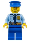 Minifigurka: CTY0752:  Police - City Shirt with Dark Blue Tie and Gold Badge, Dark Tan Belt with Radio, Blue Legs, Blue Police Hat, Black Stubble and Raised Right Eyebrow