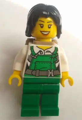 CTY0755:  Police - City Bandit Female with Green Overalls, Black Mid-Length Tousled Hair, Backpack, Dark Orange Lips Open Mouth Smile