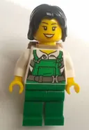 Minifigurka: CTY0755:  Police - City Bandit Female with Green Overalls, Black Mid-Length Tousled Hair, Backpack, Dark Orange Lips Open Mouth Smile