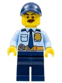 Minifigurka: CTY0756:  Police - City Shirt with Dark Blue Tie and Gold Badge, Dark Tan Belt with Radio, Dark Blue Legs, Dark Blue Cap with Hole, Brown Bushy Moustache