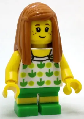 CTY0761:  Child - Girl, White Halter Top with Green Apples and Lime Spots, Bright Green Short Legs with Molded Yellow Stripes, Dark Orange Long Hair, Freckles