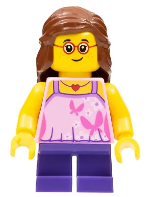 CTY0767:  Child - Girl, Bright Pink Top, Dark Purple Legs, Reddish Brown Hair, Glasses, Freckles