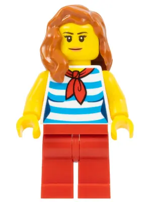 CTY0768:  Beachgoer - Female, Dark Azure and White Striped Shirt with Red Scarf, Red Legs, Dark Orange Hair