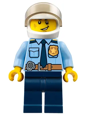 CTY0772:  Police - City Officer Shirt with Dark Blue Tie and Gold Badge, Dark Tan Belt with Radio, Dark Blue Legs, White Helmet