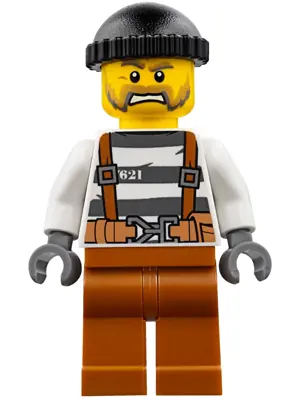 CTY0773:  Police - Jail Prisoner Overalls 621 Prison Stripes, Dark Orange Legs, Black Knit Cap, Beard