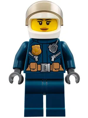 CTY0774:  Police - City Helicopter Pilot Female, Leather Jacket with Gold Badge and Utility Belt, Dark Blue Legs, White Helmet, Nougat Lips Slight Smile