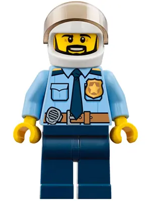 CTY0776:  Police - City Officer Shirt with Dark Blue Tie and Gold Badge, Dark Tan Belt with Radio, Dark Blue Legs, White Helmet, Black Beard