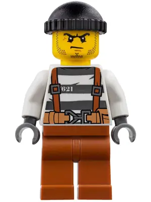 CTY0777:  Police - City Bandit Crook Overalls 621 Prison Stripes, Dark Orange Legs, Black Knit Cap, Beard Stubble and Scowl