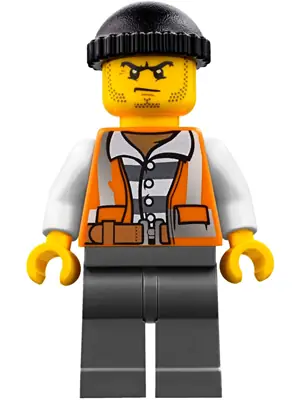 CTY0779:  Police - City Bandit Crook Orange Vest, Dark Bluish Gray Legs, Black Knit Cap, Beard Stubble and Scowl