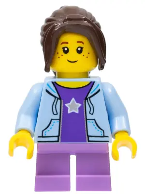 CTY0782:  City Bus Passenger - Bright Light Blue Hoodie, Medium Lavender Short Legs, Dark Brown Hair Ponytail Long with Side Bangs, Freckles