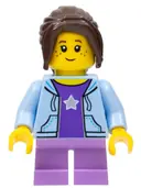 Minifigurka: CTY0782:  City Bus Passenger - Bright Light Blue Hoodie, Medium Lavender Short Legs, Dark Brown Hair Ponytail Long with Side Bangs, Freckles