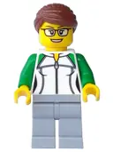 Minifigurka: CTY0784:  Newsstand Worker - Female, White and Green Sweatshirt with Zipper, Light Bluish Gray Legs, Reddish Brown Hair with Bun, Glasses