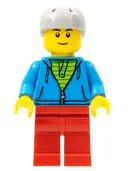 Minifigurka: CTY0785:  City Bus Passenger - Dark Azure Hoodie with Green Striped Shirt, Red Legs, Light Bluish Gray Sports Helmet