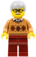 Minifigurka: CTY0786:  City Newsstand Visitor - Medium Nougat Argyle Sweater, Dark Red Legs, Light Bluish Gray Hair