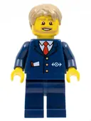 Minifigurka: CTY0787:  City Bus Driver - Dark Blue Suit with Train Logo, Dark Tan Short Tousled Hair, Beard