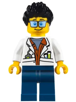 CTY0788:  City Jungle Scientist - White Lab Coat with Test Tubes, Dark Blue Legs, Black Ruffled Hair