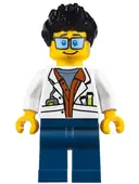 Minifigurka: CTY0788:  City Jungle Scientist - White Lab Coat with Test Tubes, Dark Blue Legs, Black Ruffled Hair